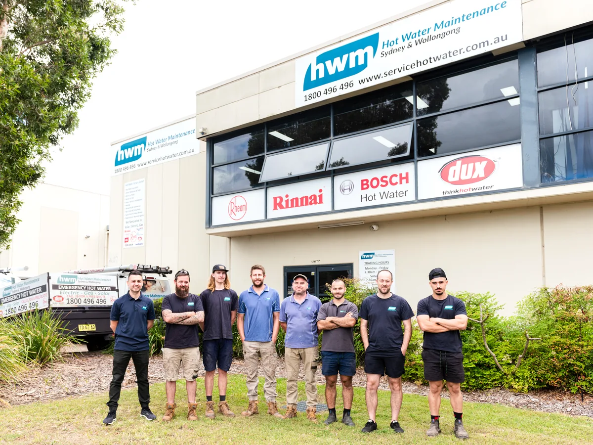 Hot Water Maintenance team outside the Sydney and Wollongong workshop